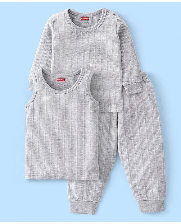 Babyhug Full Sleeves Solid Thermal Vests & Pant Set -Light Grey