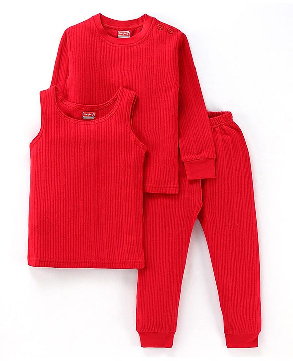 Babyhug Full Sleeves Pullover Thermal Vest & Pant Set with Solid Colour - Red