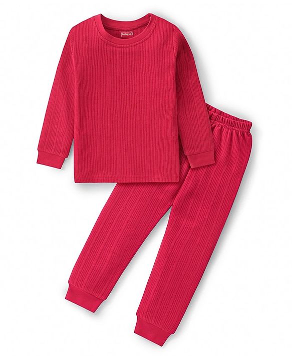 Babyhug Full Sleeves Pullover Thermal Vest & Pant Set with Solid Colour - Red