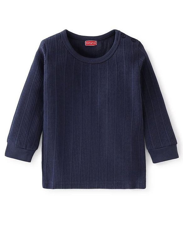Babyhug Full Sleeves Solid Thermal Vests & Pant Set - Navy Blue