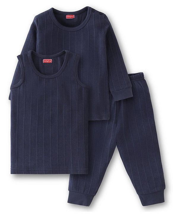 Babyhug Full Sleeves Solid Thermal Vests & Pant Set - Navy Blue