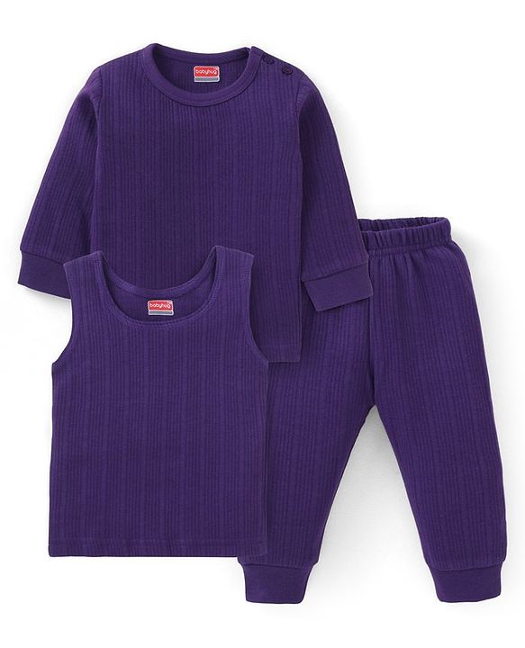 Babyhug  Full Sleeves Pullover Thermal Vest & Pant Solid Colour - Purple
