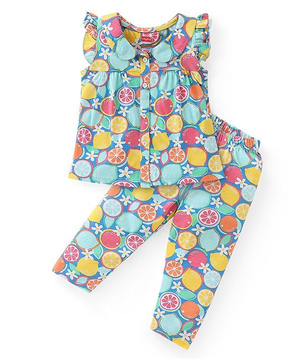 Babyhug Cotton Knit Frill Sleeves Peter Pan Collared Night Suit With Floral Print - Multicolor