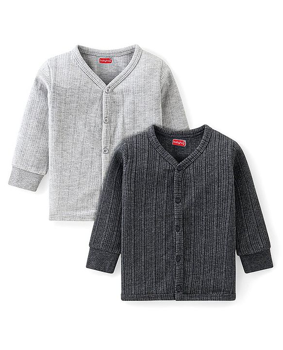Babyhug Front Open Full Sleeves Thermal Vest Solid Colour Pack of 2- Dark & Light Grey