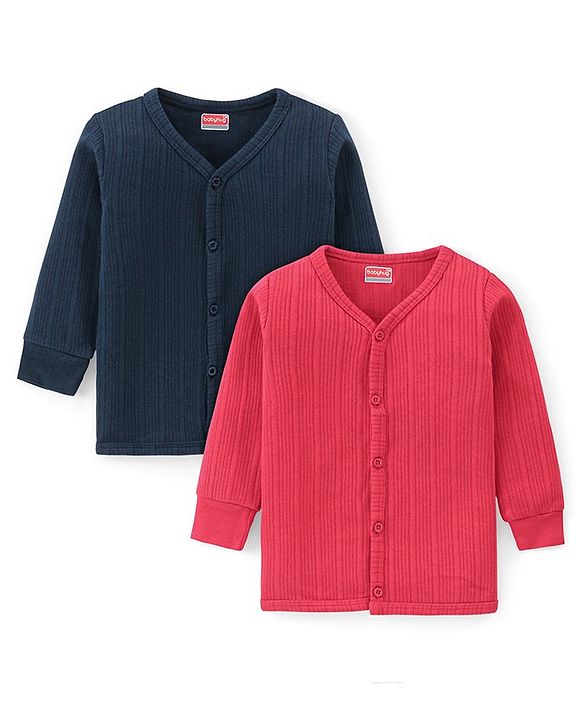 Babyhug Cotton Blend Full Sleeves Front Open Solid Color Thermal Wear Vests Pack Of 2 - Navy Blue & Red