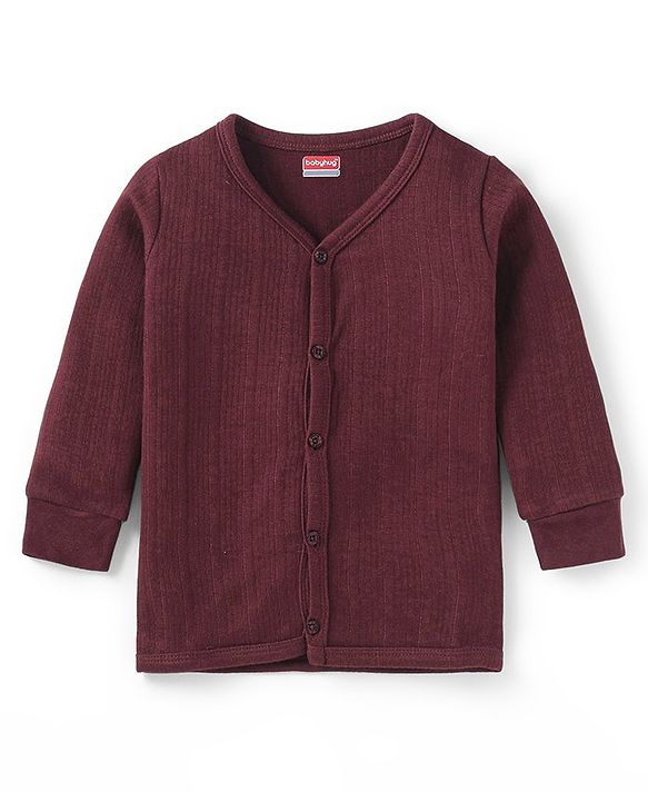 Babyhug Cotton Blend Full Sleeves Front Open Solid Color Thermal Wear Vests Pack Of 2 - Purple & Maroon