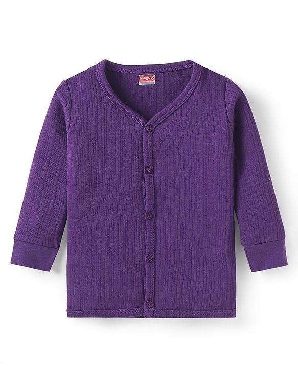 Babyhug Cotton Blend Full Sleeves Front Open Solid Color Thermal Wear Vests Pack Of 2 - Purple & Maroon