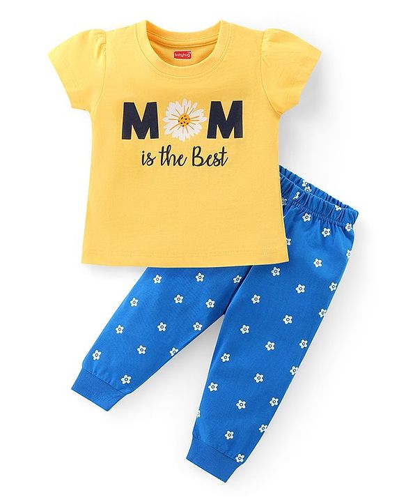 Babyhug Cotton Knit Half Sleeves Night Suit with Polka Dots & Text Print - Yellow & Blue