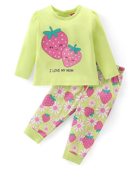 Babyhug Cotton Knit Full Sleeves Night Suit With Strawberry & Floral Print - Green