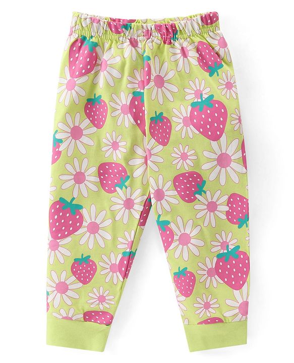 Babyhug Cotton Knit Full Sleeves Night Suit With Strawberry & Floral Print - Green