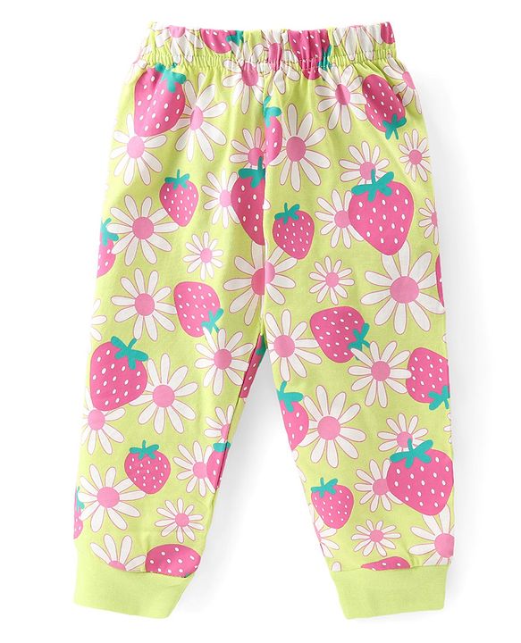 Babyhug Cotton Knit Full Sleeves Night Suit With Strawberry & Floral Print - Green