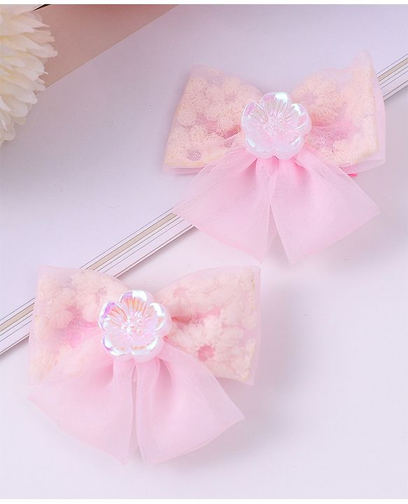 Pine Kids Bow & Butterfly Clips With Floral Applique Pack Of 2 - Pink