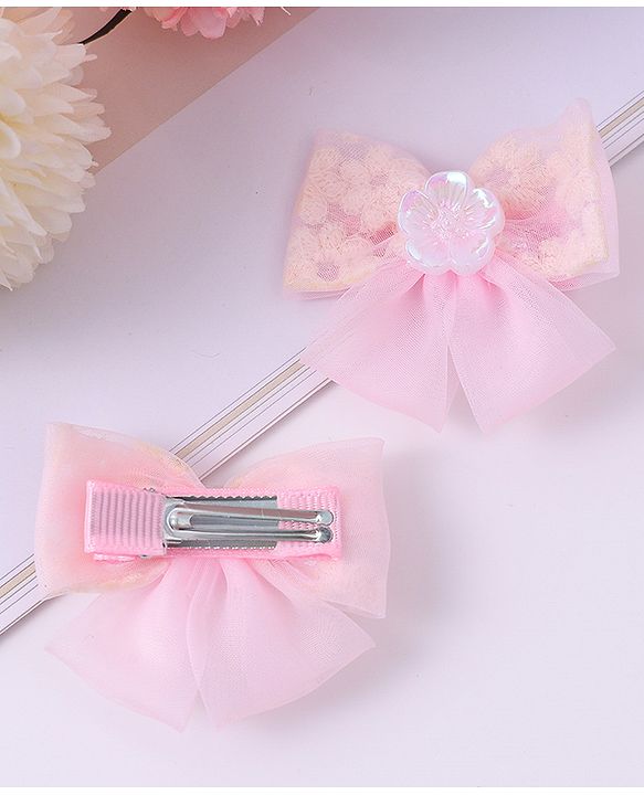 Pine Kids Bow & Butterfly Clips With Floral Applique Pack Of 2 - Pink