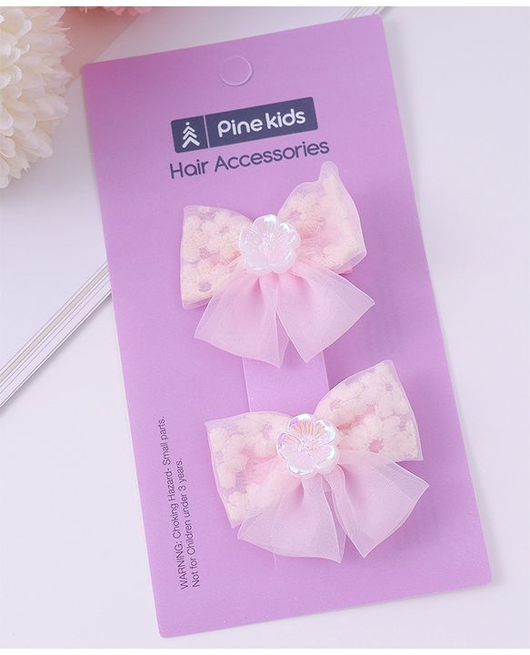 Pine Kids Bow & Butterfly Clips With Floral Applique Pack Of 2 - Pink