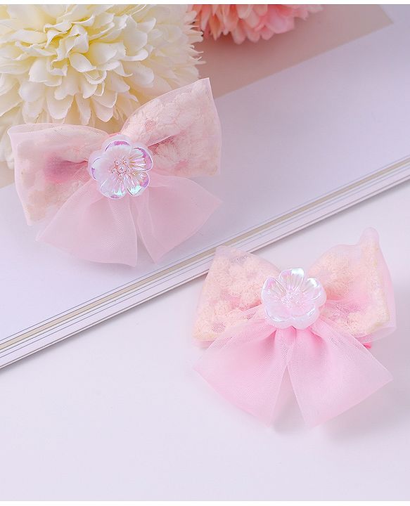 Pine Kids Bow & Butterfly Clips With Floral Applique Pack Of 2 - Pink