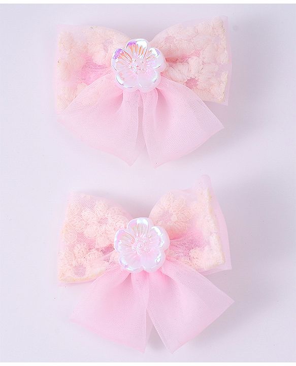 Pine Kids Bow & Butterfly Clips With Floral Applique Pack Of 2 - Pink