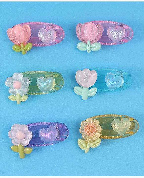 Babyhug Free Size Hair Pins & Clips With Floral Applique Pack of 6 - Mulitcolor