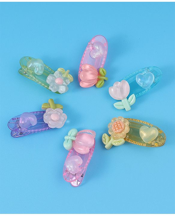 Babyhug Free Size Hair Pins & Clips With Floral Applique Pack of 6 - Mulitcolor