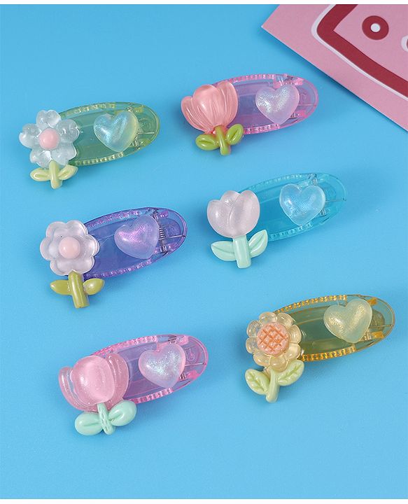 Babyhug Free Size Hair Pins & Clips With Floral Applique Pack of 6 - Mulitcolor