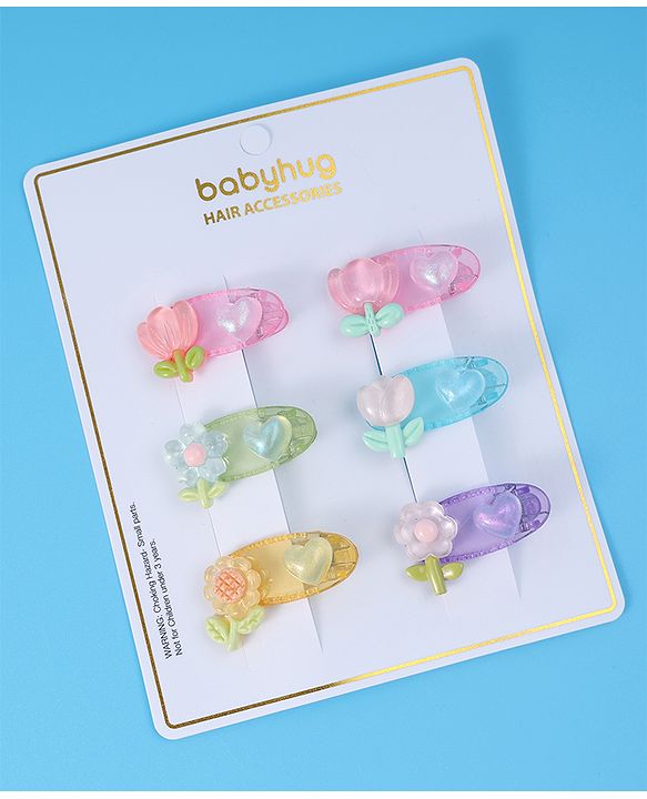 Babyhug Free Size Hair Pins & Clips With Floral Applique Pack of 6 - Mulitcolor
