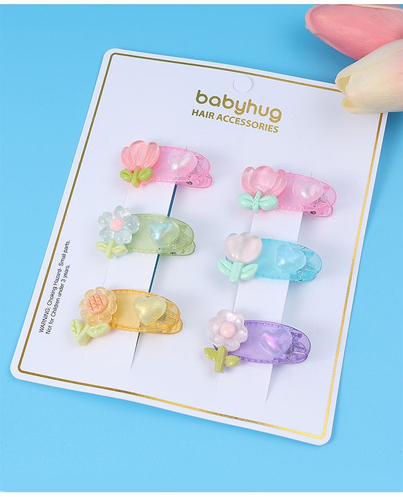Babyhug Free Size Hair Pins & Clips With Floral Applique Pack of 6 - Mulitcolor