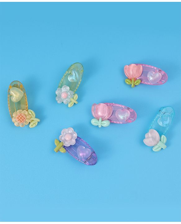 Babyhug Free Size Hair Pins & Clips With Floral Applique Pack of 6 - Mulitcolor