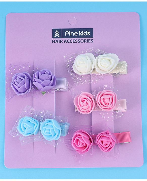 Pine Kids Free Size Hair Pins & Clips with Floral Applique Pack of 5- Mulitcolor
