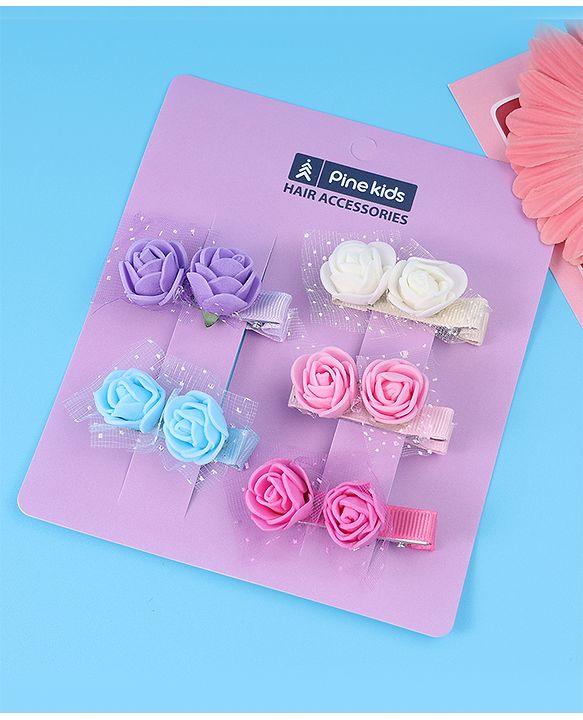 Pine Kids Free Size Hair Pins & Clips with Floral Applique Pack of 5- Mulitcolor