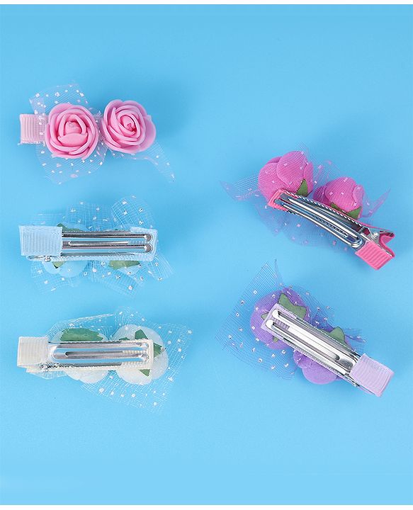 Pine Kids Free Size Hair Pins & Clips with Floral Applique Pack of 5- Mulitcolor