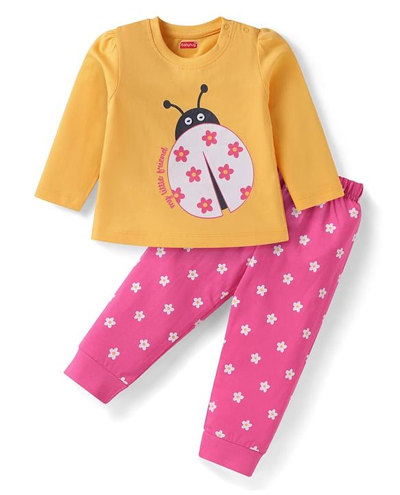 Babyhug Cotton Knit Full Sleeves Night Suit with Floral & Ladybug Print - Orange & Pink