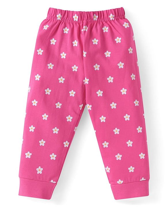 Babyhug Cotton Knit Full Sleeves Night Suit with Floral & Ladybug Print - Orange & Pink