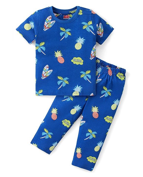 Babyhug Cotton Knit Half Sleeves Night Suit with Tropical Theme Print - Blue
