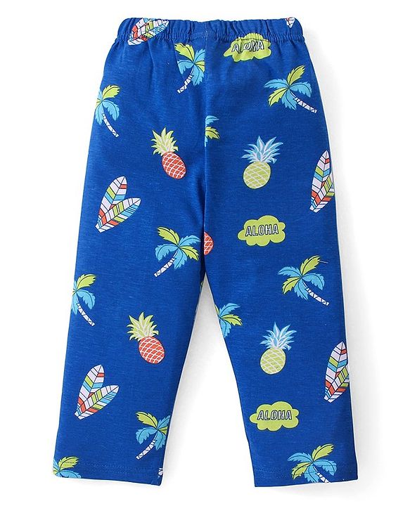 Babyhug Cotton Knit Half Sleeves Night Suit with Tropical Theme Print - Blue