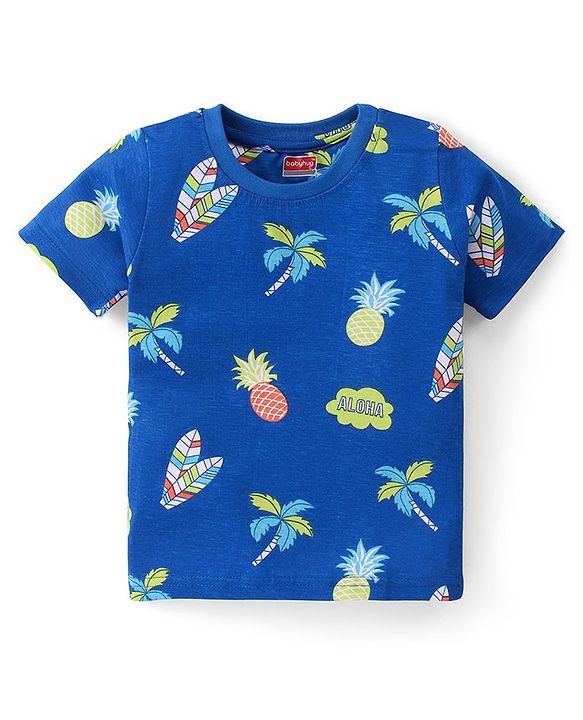 Babyhug Cotton Knit Half Sleeves Night Suit with Tropical Theme Print - Blue