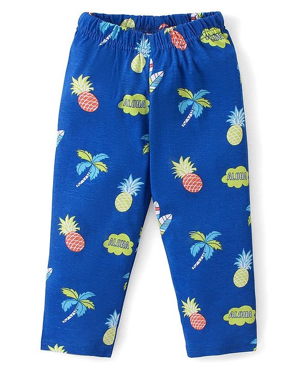 Babyhug Cotton Knit Half Sleeves Night Suit with Tropical Theme Print - Blue