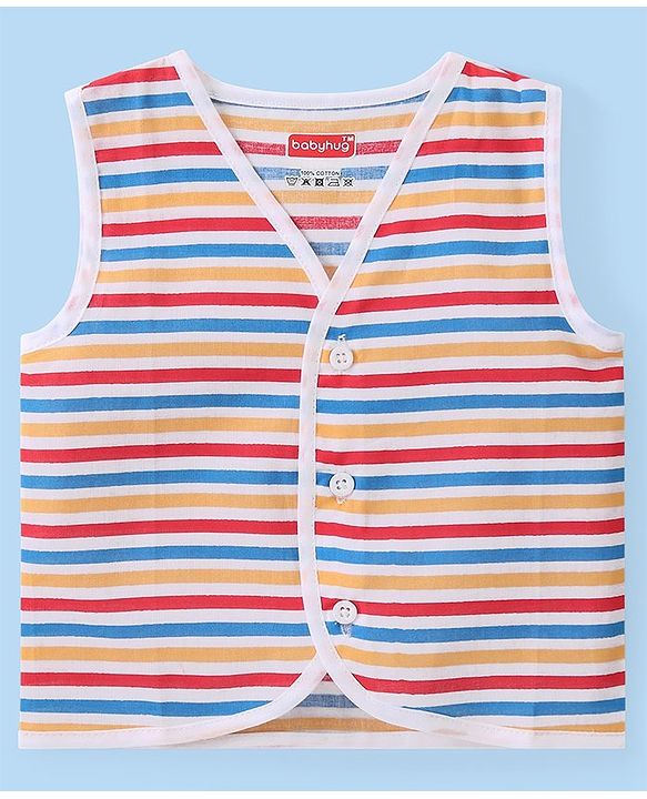 Babyhug 100% Cotton Knit Sleeveless Striped & Printed Set Of Vests Pack Of 3 - Multicolor
