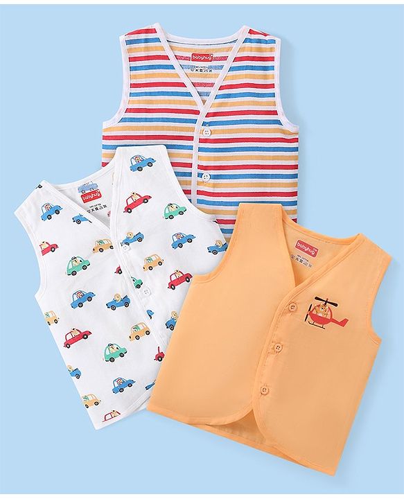 Babyhug 100% Cotton Knit Sleeveless Striped & Printed Set Of Vests Pack Of 3 - Multicolor