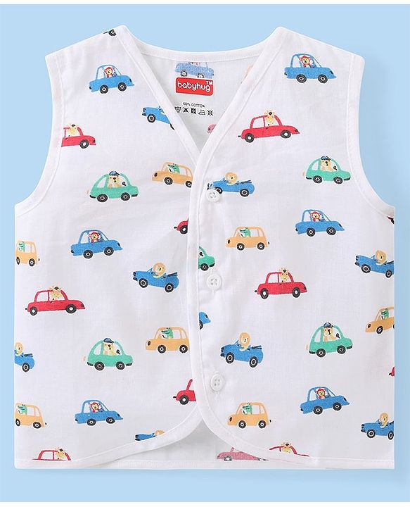 Babyhug 100% Cotton Knit Sleeveless Striped & Printed Set Of Vests Pack Of 3 - Multicolor