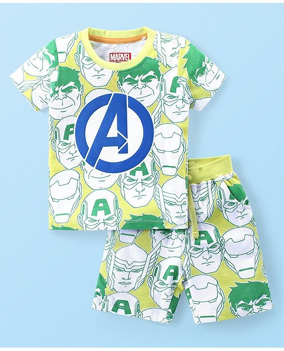 Babyhug Marvel Cotton Knit Half Sleeves T-Shirt & Shorts Set With Avengers Print - Green