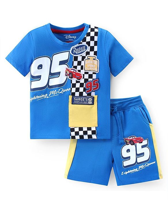 Babyhug Disney Cotton Knit Half Sleeves T-Shirt & Shorts Set With Disney Cars Graphics & Woven Patch Detailing - Blue