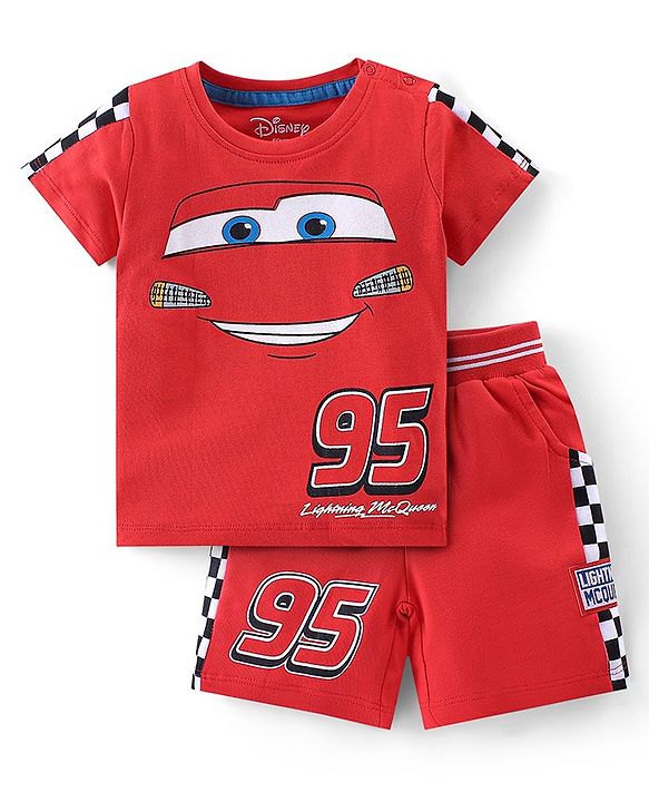 Babyhug Disney Cotton Knit Half Sleeves T-Shirt & Shorts Set With Cars Graphics - Red