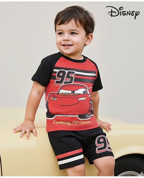 Babyhug Disney Cotton Knit Raglan Sleeves T-Shirt & Shorts Set With Cars Print - Multicolor