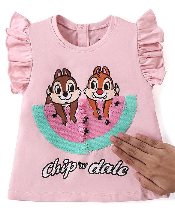 Babyhug Disney Cotton Knit Frill Sleeves Tee With Chip'n Dale Print With Reversible Sequins - Pink