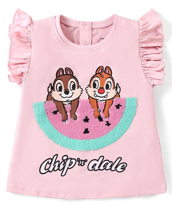 Babyhug Disney Cotton Knit Frill Sleeves Tee With Chip'n Dale Print With Reversible Sequins - Pink