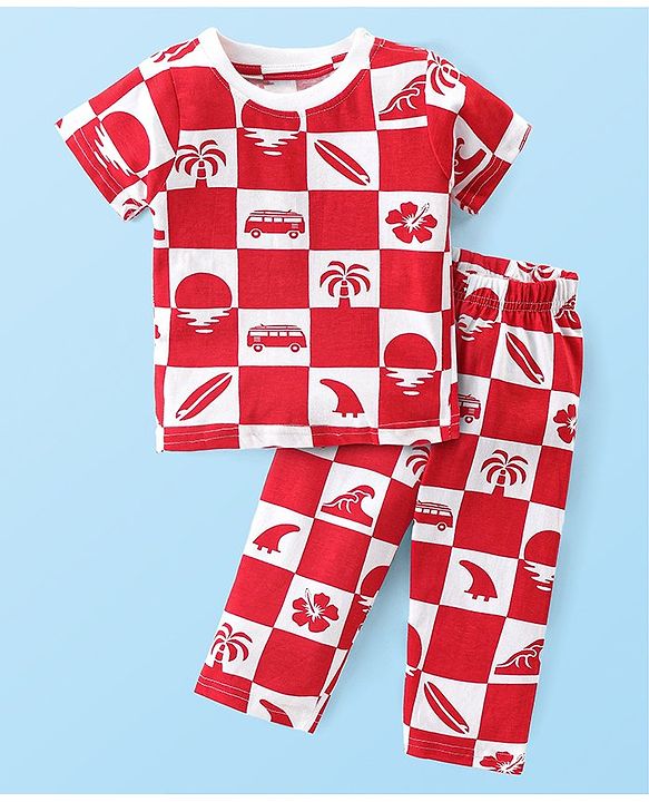 Babyhug Cotton Knit Half Sleeves Night Suit with Beach Theme Print - Red & White