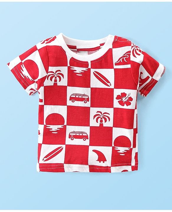 Babyhug Cotton Knit Half Sleeves Night Suit with Beach Theme Print - Red & White