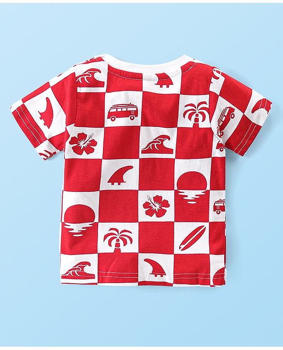 Babyhug Cotton Knit Half Sleeves Night Suit with Beach Theme Print - Red & White