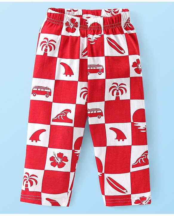 Babyhug Cotton Knit Half Sleeves Night Suit with Beach Theme Print - Red & White