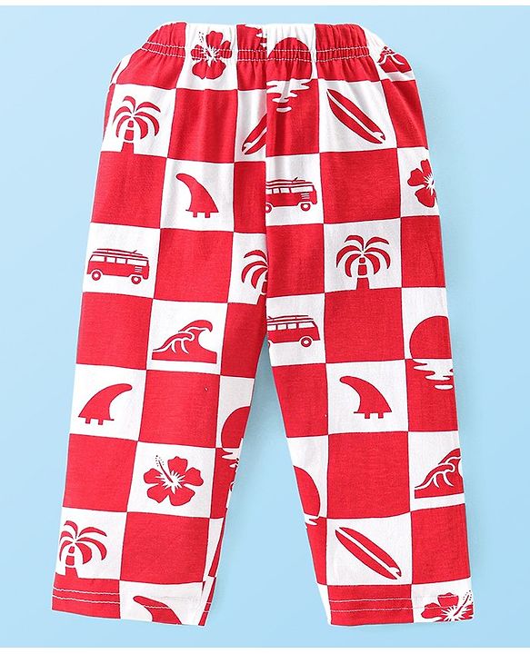 Babyhug Cotton Knit Half Sleeves Night Suit with Beach Theme Print - Red & White
