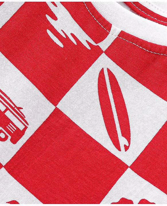 Babyhug Cotton Knit Half Sleeves Night Suit with Beach Theme Print - Red & White